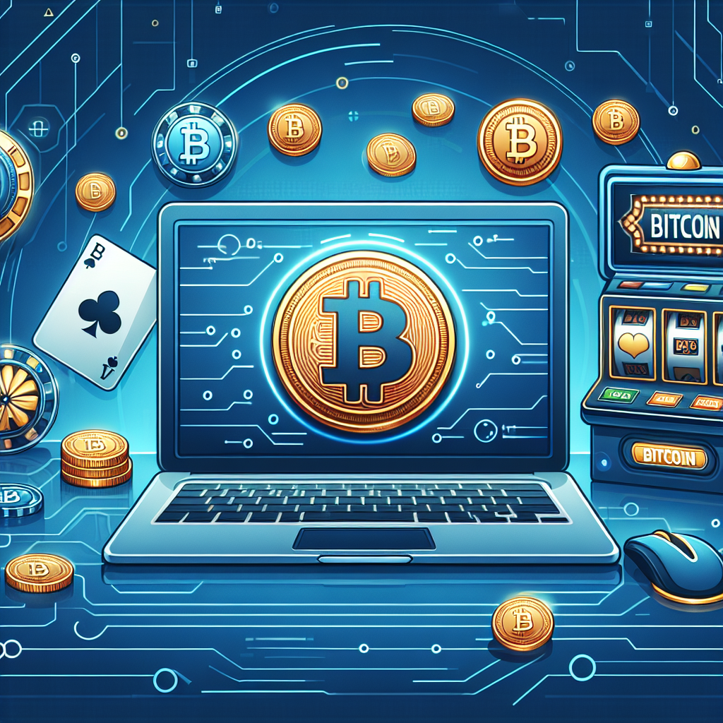 Moderne illustrasjon av Bitcoin-nettkasino: laptop med Bitcoin-symbol, spillekort og slot-ikoner i blå og gull farger, stilren og trygg atmosfære