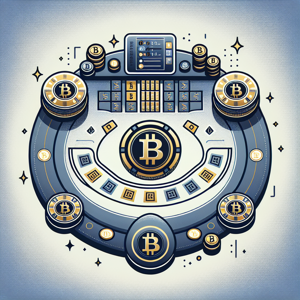 En moderne oversiktsillustrasjon av et digitalt blackjack-bord med Bitcoin-symboler, nøytrale blå og gullfarger, profesjonell og moderne stil