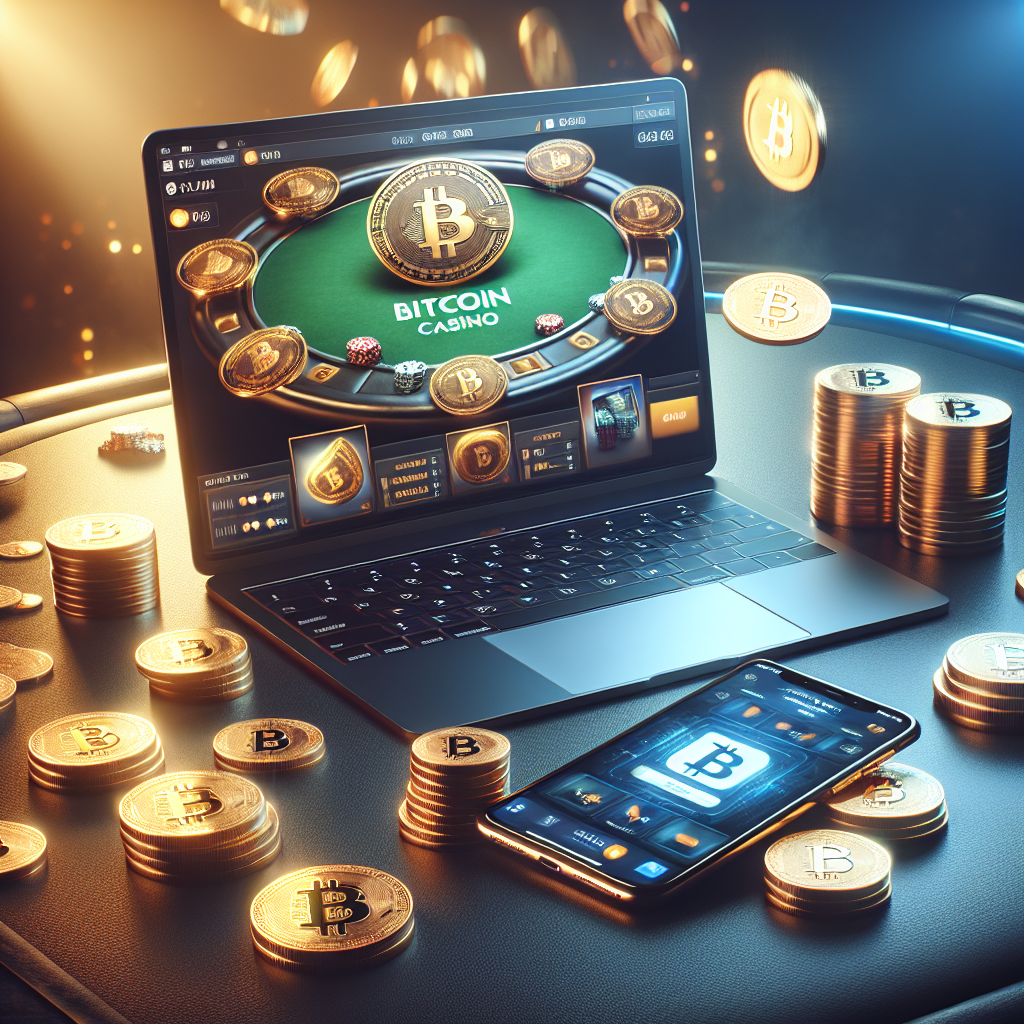 Featured image showing a modern digital Bitcoin casino setup: a laptop with a poker table on screen, Bitcoin coins and a smartphone showing a wallet app, moody professional lighting