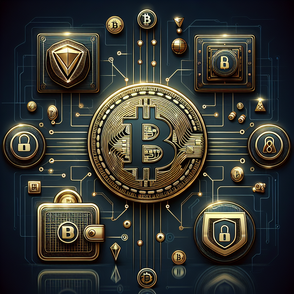 En moderne, stilisert illustrasjon av Bitcoin-symboler, en trygg digital lommebok og sikkerhetsikoner foran et abstrakt casino-grensesnitt, i mørke blå og gulltoner