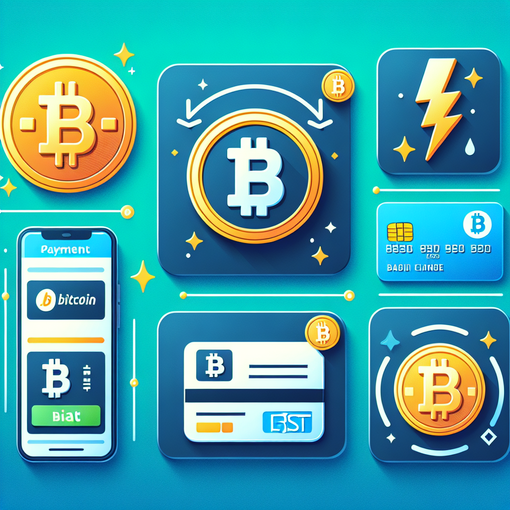 Illustrasjon av forskjellige betalingsmetoder for Bitcoin-casinoer: Bitcoin-symbol, Lightning-logo, e-lommebok-ikon og fiat-kort på en moderne, blågrønn bakgrunn