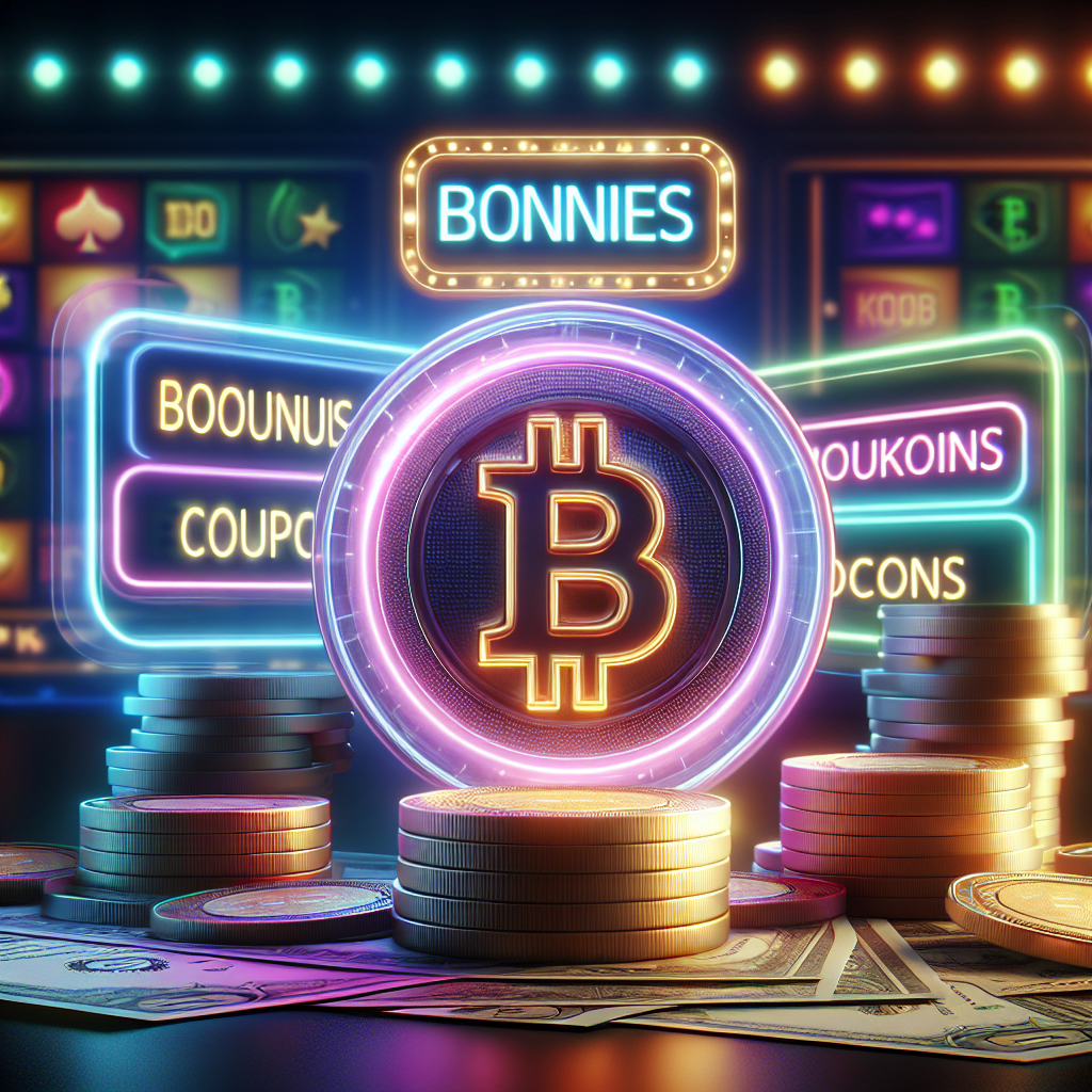 Featured image: moderne digitalt Bitcoin-ikon ved siden av bonuser og kuponger på et mørkt casino-bakgrunn, neonfarger, profesjonelt og tydelig.