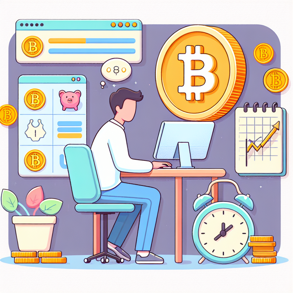 Illustrasjon av ansvarlig spilling på et Bitcoin-nettcasino: en rolig person ved en datamaskin, synlige elementer som Bitcoin-symbol, klokke for tidsstyring, og notatblokk med økonomiske grenser, myke farger og moderne stil