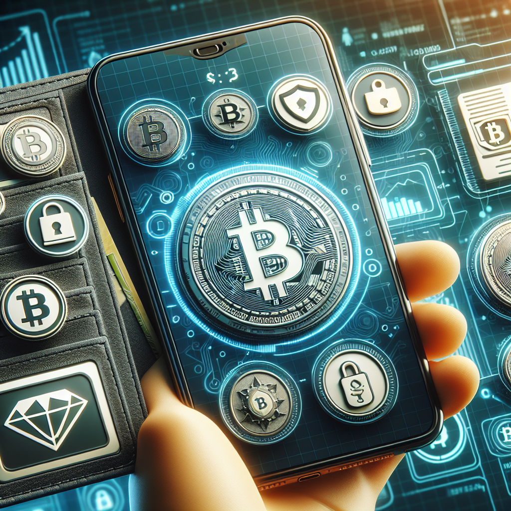Nærbilde av en digital e-lommebok på en mobilskjerm med Bitcoin-symboler, sikkerhetsikoner og kasino-elementer i bakgrunnen, klart og moderne