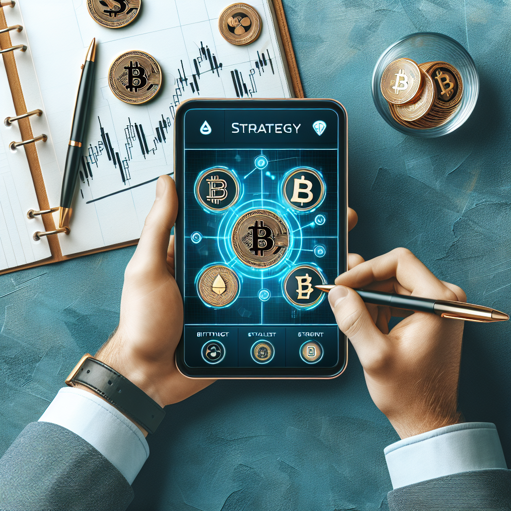 Modernt Bitcoin-casino-tema: en spiller ved en digital lommepc med kryptomyntsymboler, strateginotater og en pen, minimal bakgrunn i blå og gulltoner
