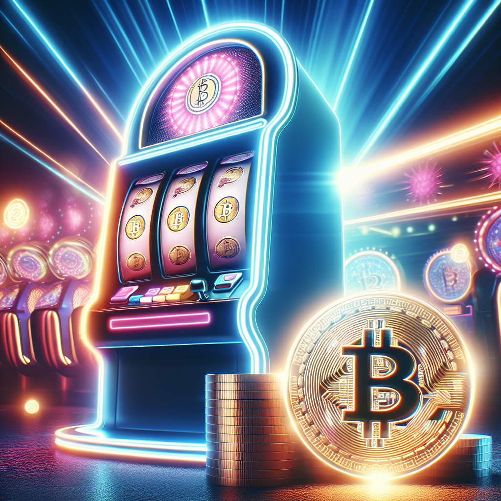 Moderne digital spilleautomat med glødende neon og en stor Bitcoin-mynt i forgrunnen, levende casinoatmosfære, høy detaljrikdom, klar kontrast