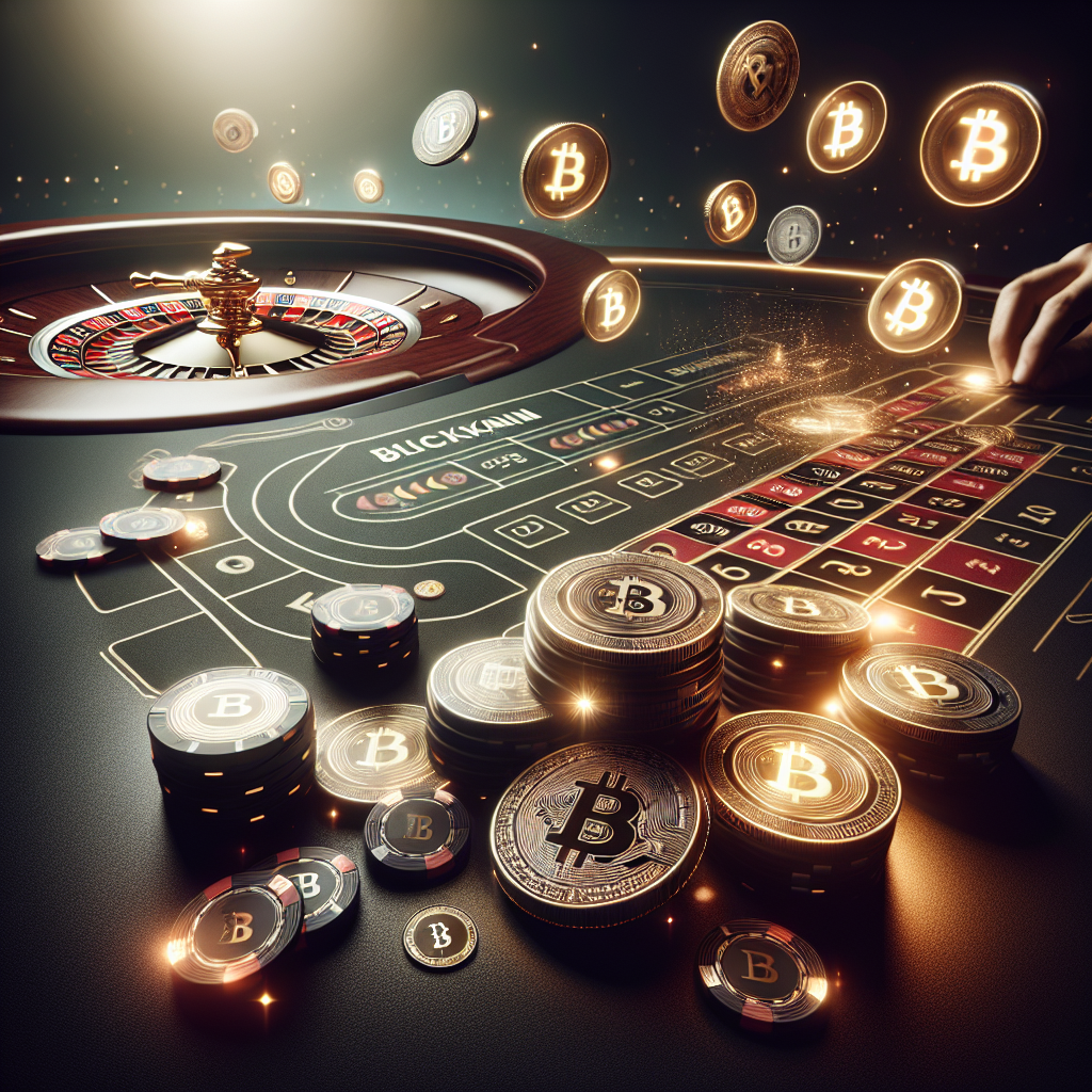 Moderne Bitcoin-casino bordspill-scene: nærbilde av blackjack- og rouletteserver med digitale krypto-symboler svevende, mørk elegant atmosfære, høy oppløsning