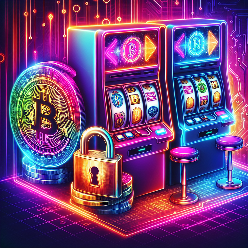 Fargerikt bilde av digitale spilleautomater med Bitcoin-mynt i forgrunnen, moderne casinoatmosfære, neonfarger og låseikon som symboliserer sikkerhet